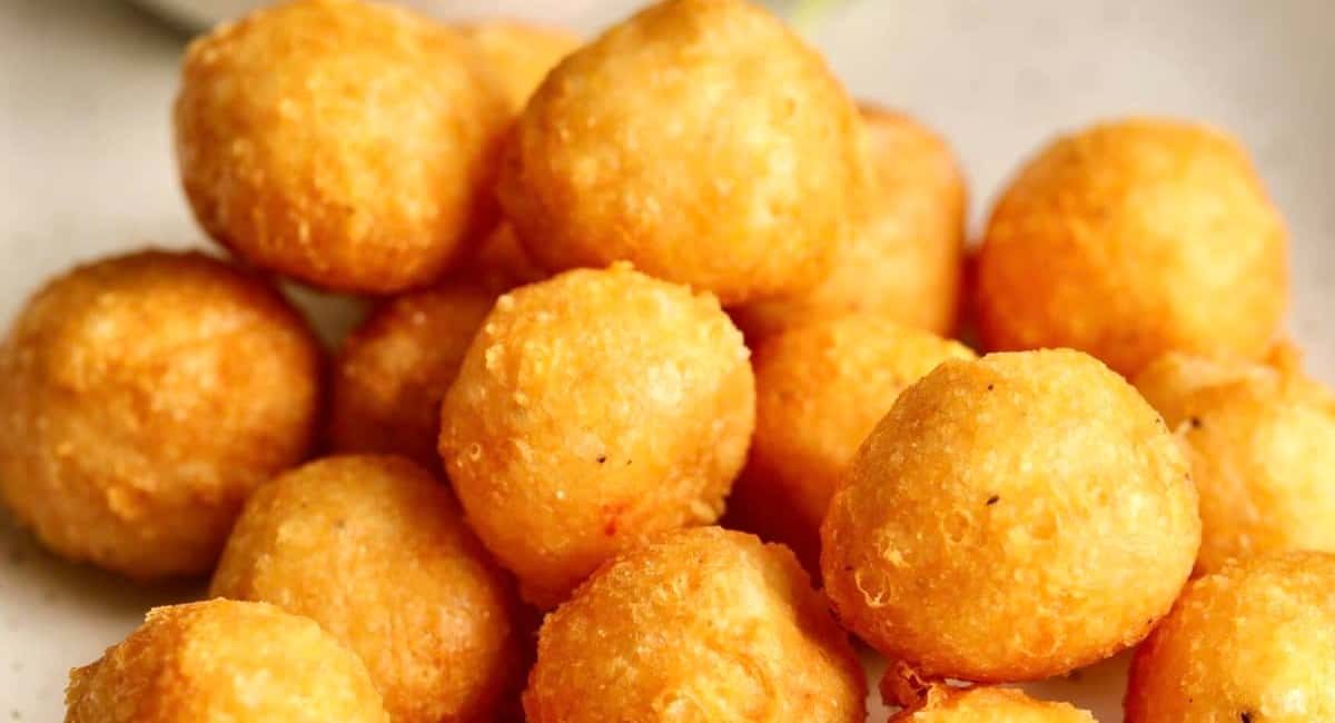 Up close image of fried cheese balls recipe.