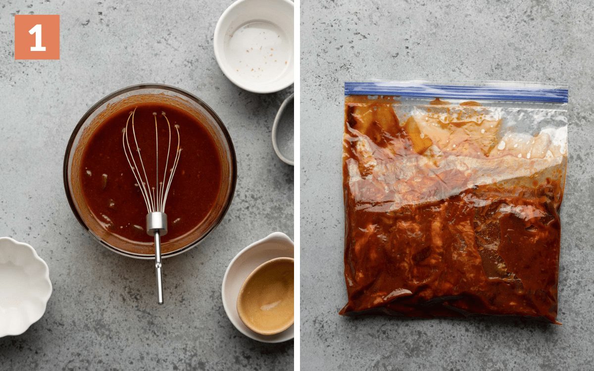 steps 1 & 2 marinade mixed in bowl steak and marinade in bag