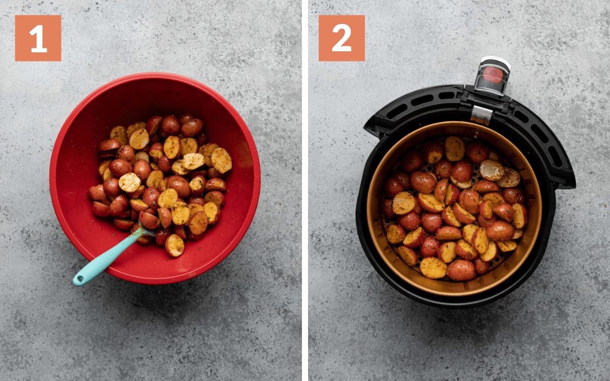 steps 1 & 2 potatoes tossed in spices and oil in large bowl potatoes in air fryer before cooking