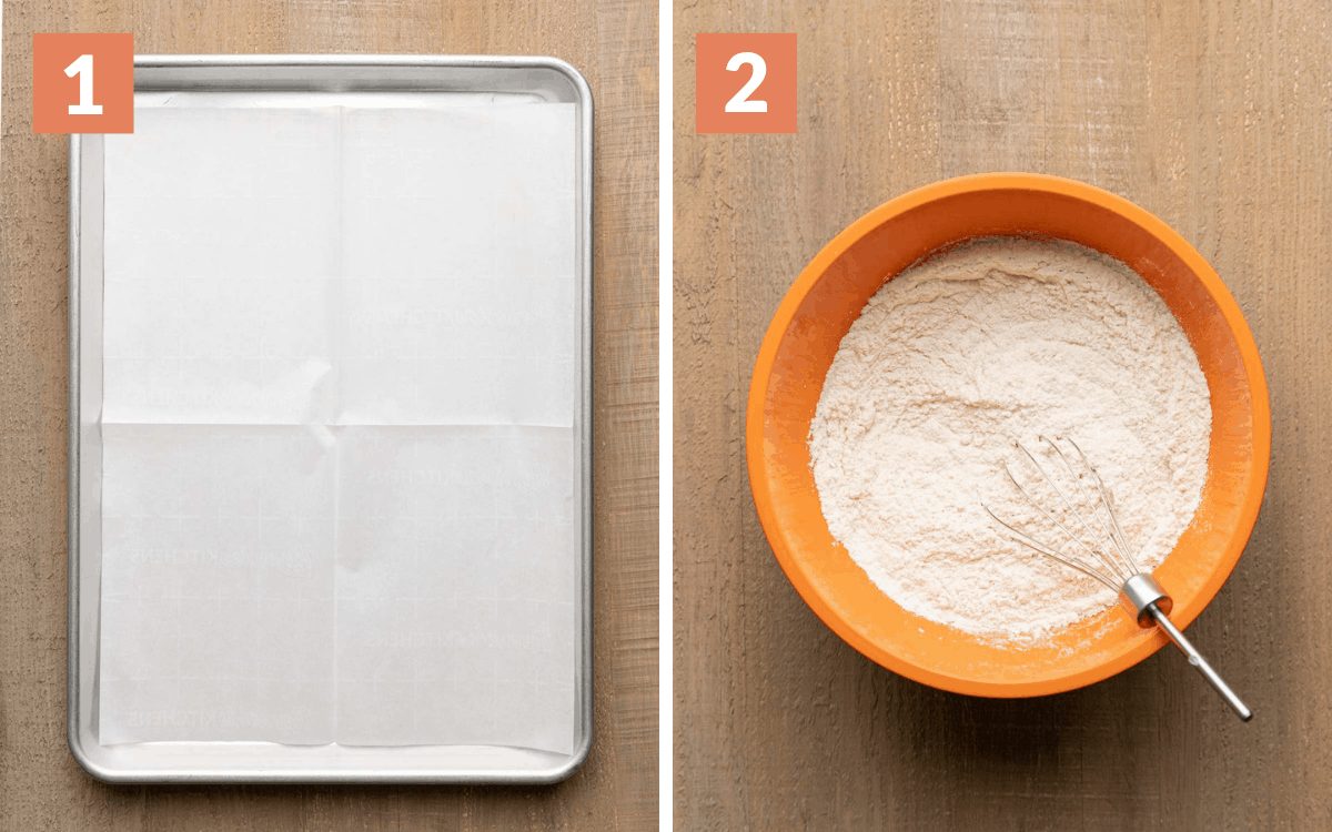 steps 1 & 2 pan with parchment paper dry ingredients whisked together in a bowl
