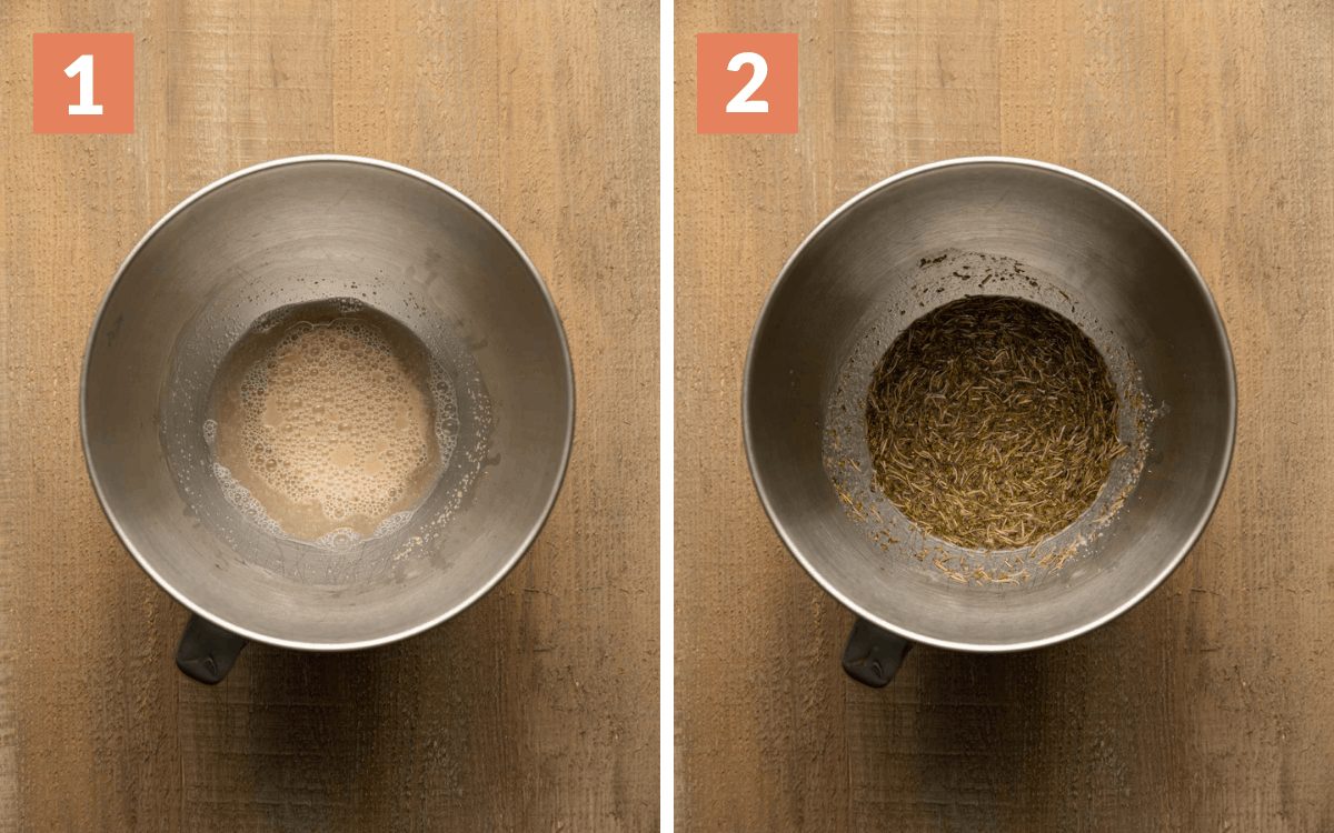 steps 1 & 2 water & yeast mixture foamy in bowl herbs & butter added to mixture