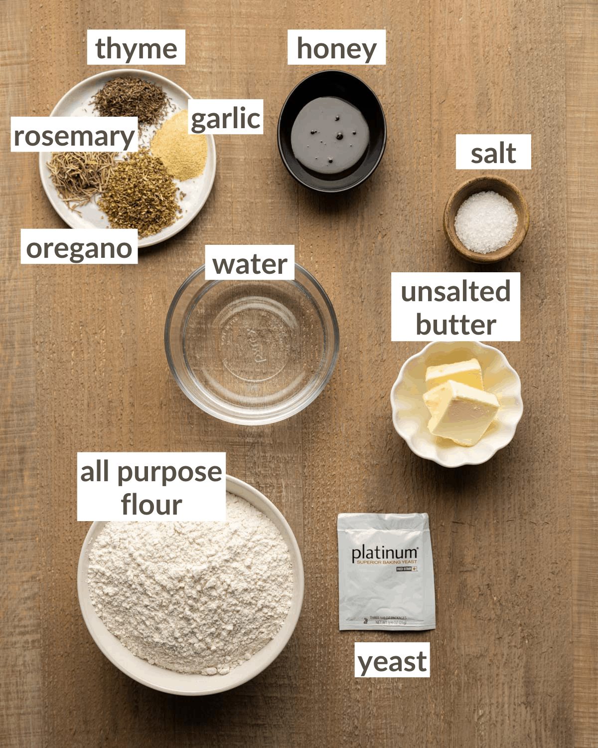 overhead of dough ingredients