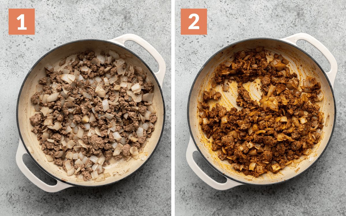 steps 1 & 2 ground beef and onions cooked ground beef with seasoning mixed in