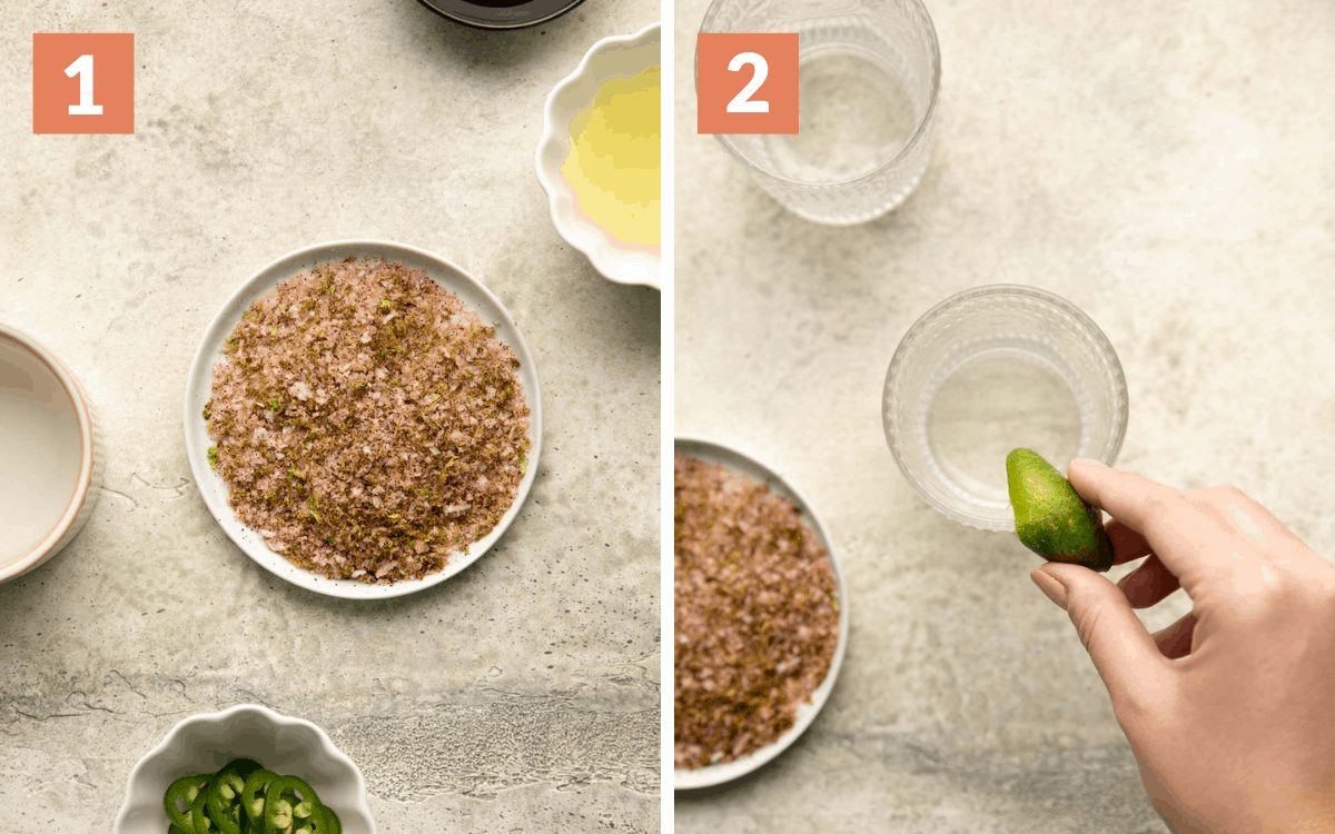 A 2 photo collage showing the assembly of skinny spicy margaritas.