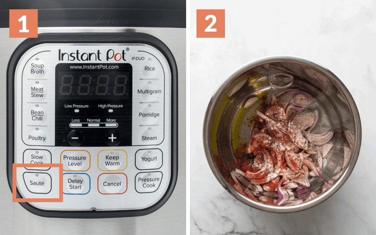 A two photo collage showing steps 1 and 2 for instant pot bbq chicken.