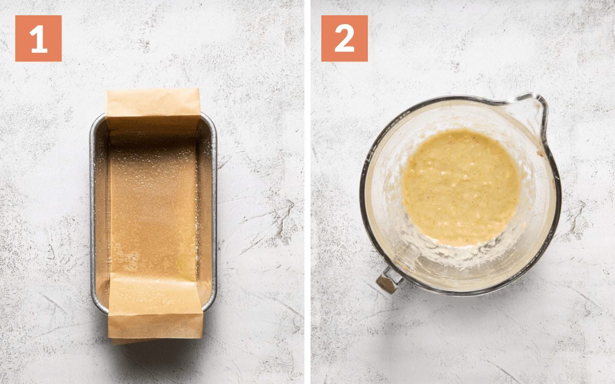 steps 1 & 2 pan lined with parchment paper banana and oil mixed in bowl