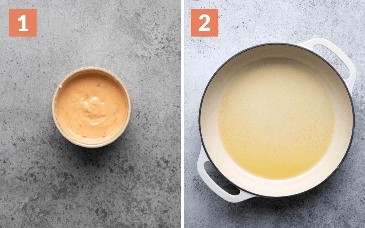 steps 1 & 2 aioli mixed in bowl oil heated in skillet