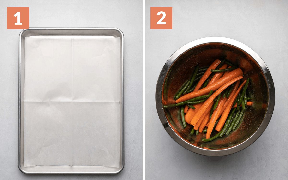 steps 1 & 2 overhead of prepared pan overhead of vegetables in mixing bowl coated in olive oil