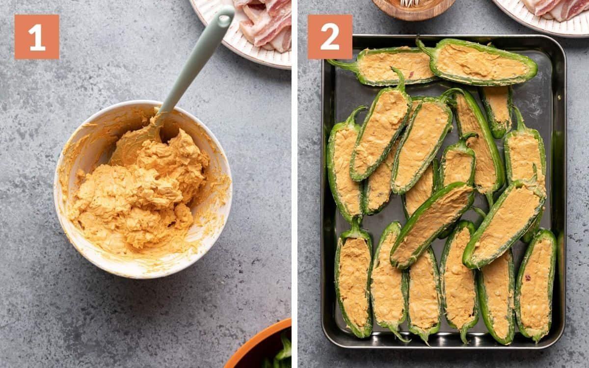 A two photo collage showing the beginning steps of air fryer bacon wrapped jalapeno poppers.