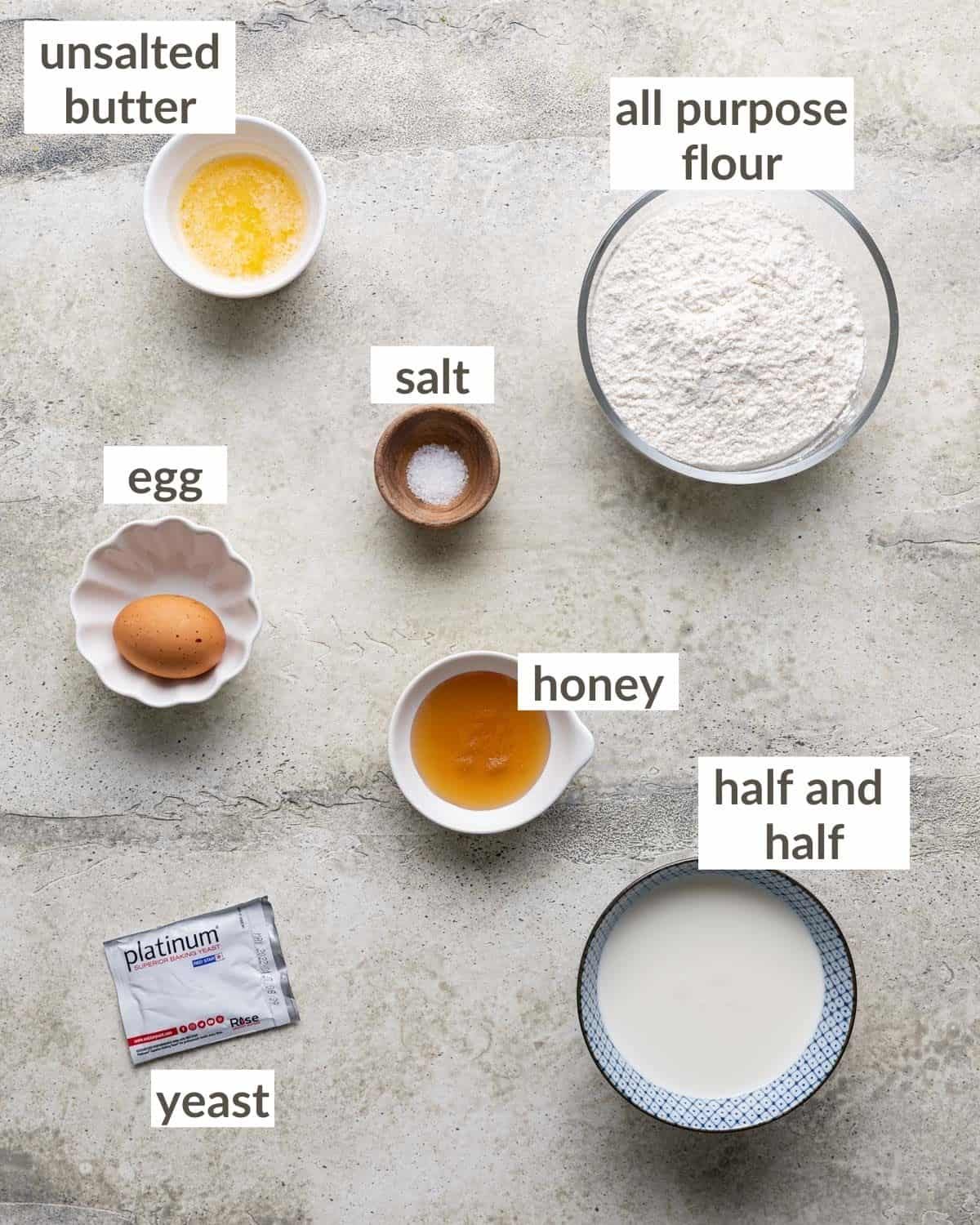 overhead of dough ingredients for Old Fashioned Yeast Rolls Recipe