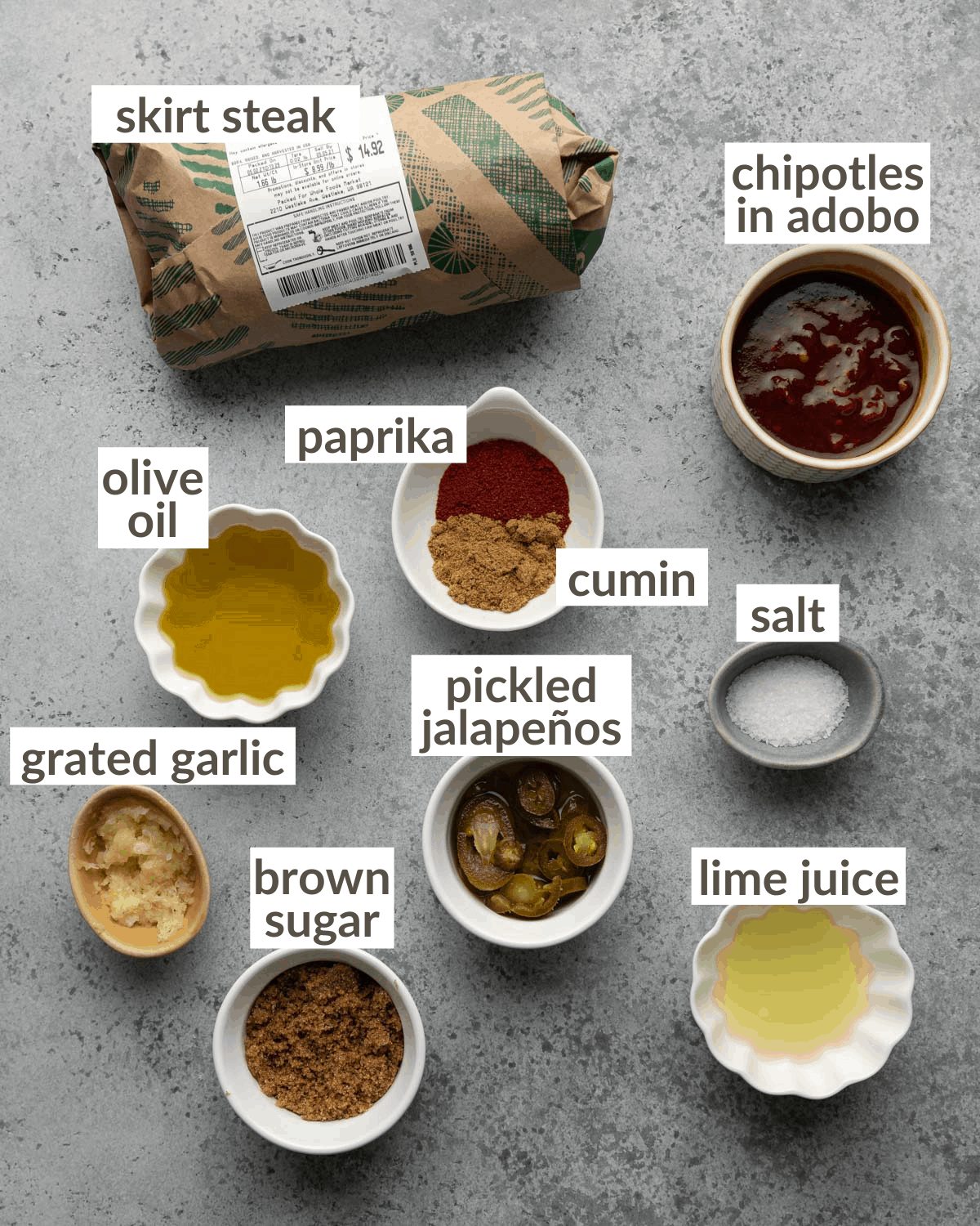 overhead of ingredients for carne asada