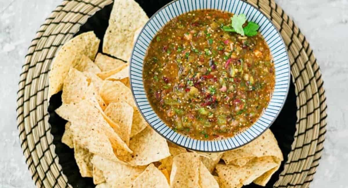 Overhead image of tomatillo-chipotle salsa.