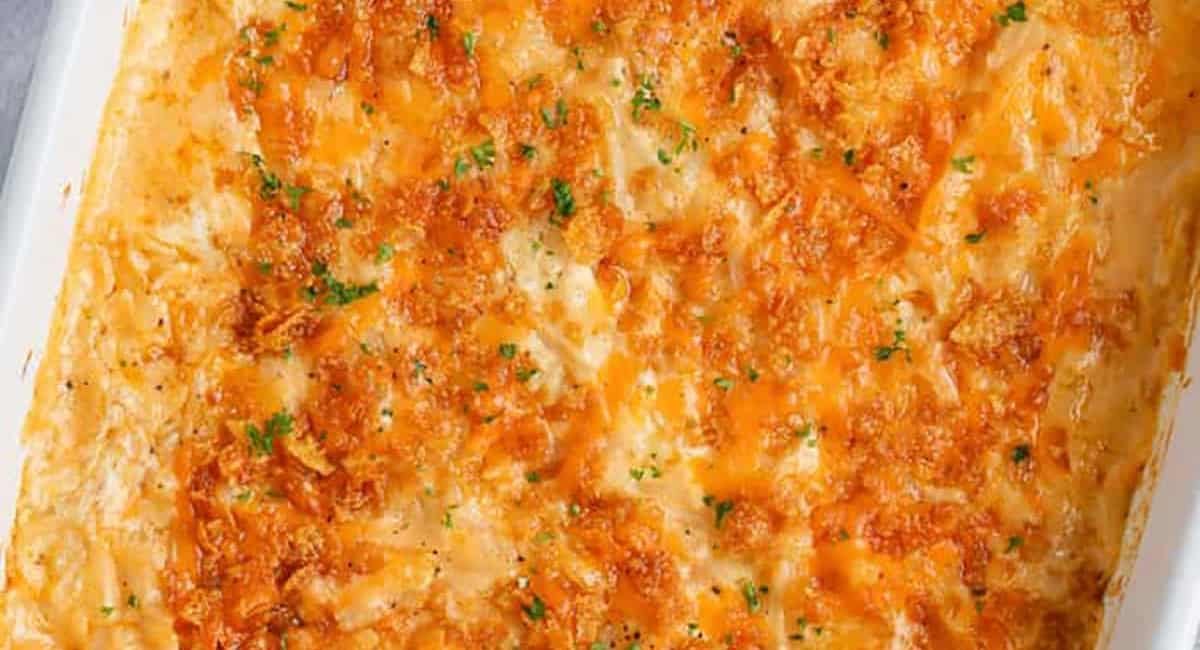 Overhead image of company potatoes with garnish.