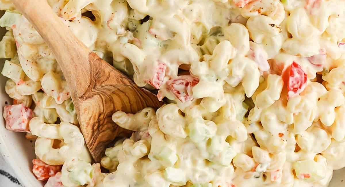 Overhead image of classic macaroni salad.