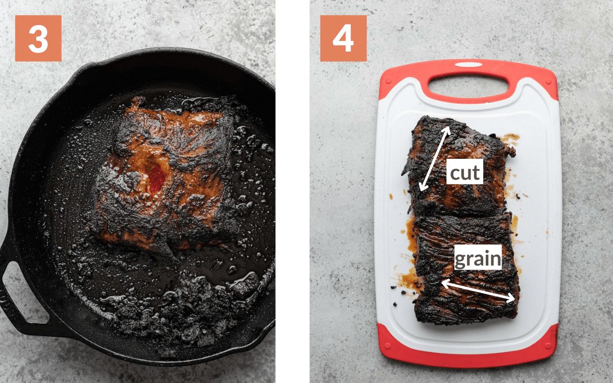 steps 3 & 4 grilled steak in cast iron steak resting on cutting board