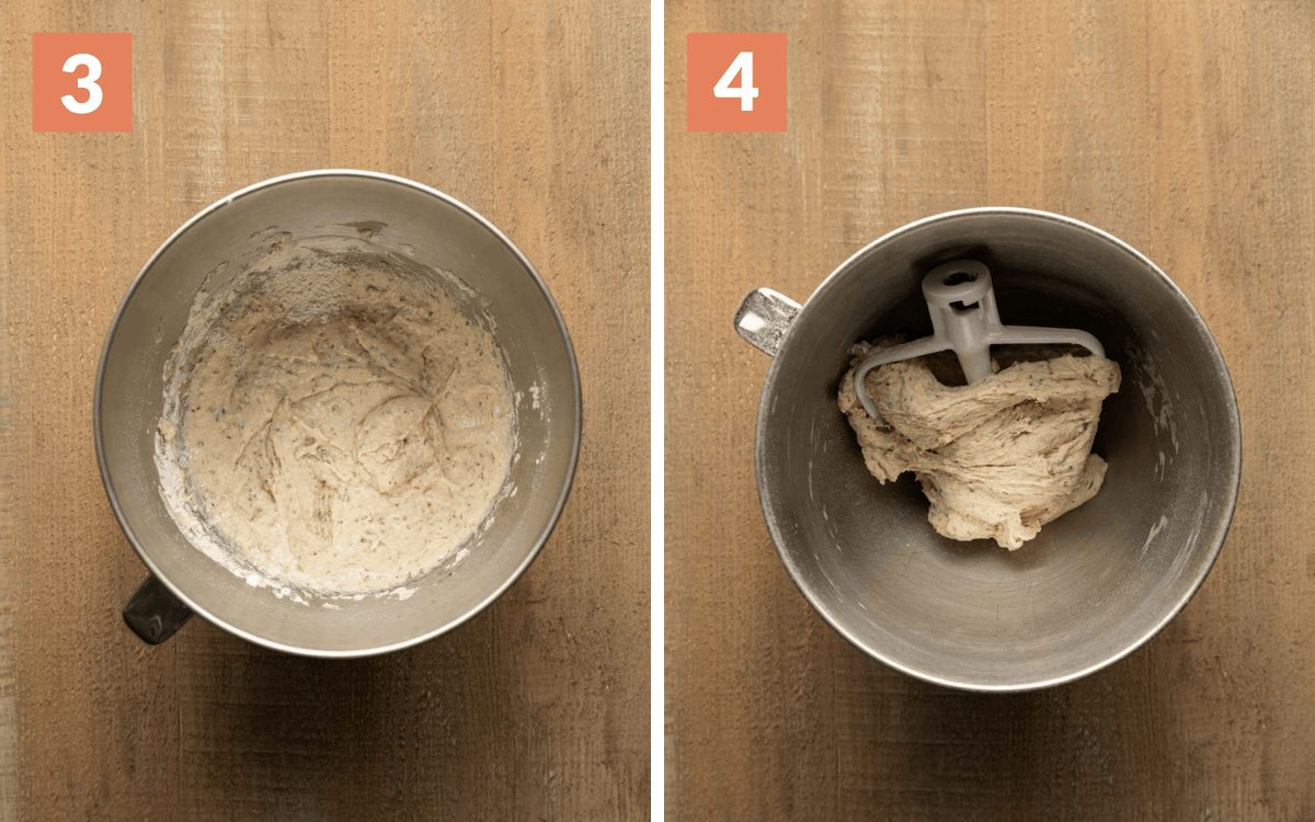 steps 3 & 4 dough with some flour mixed in finished dough wrapped around hook