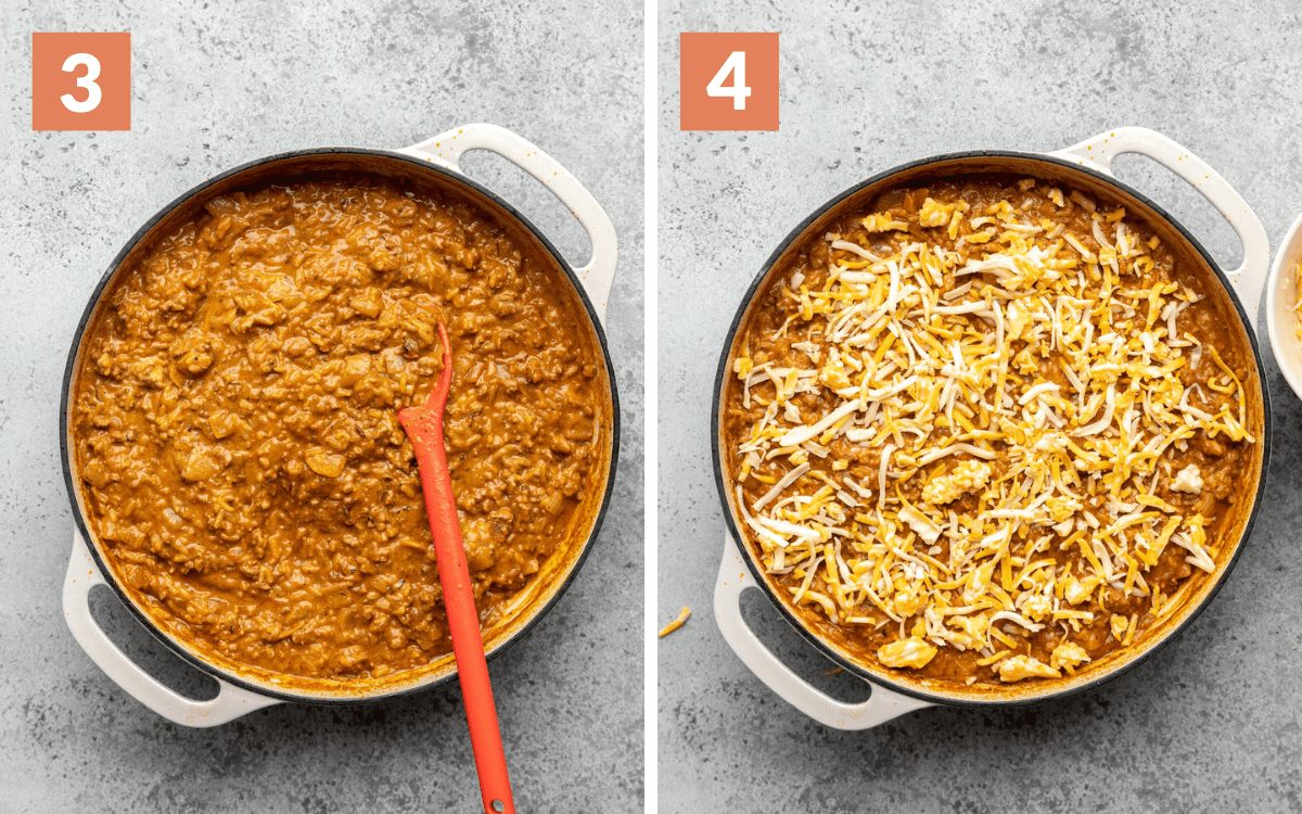 steps 3 & 4 casserole without topping casserole with first layer of cheese