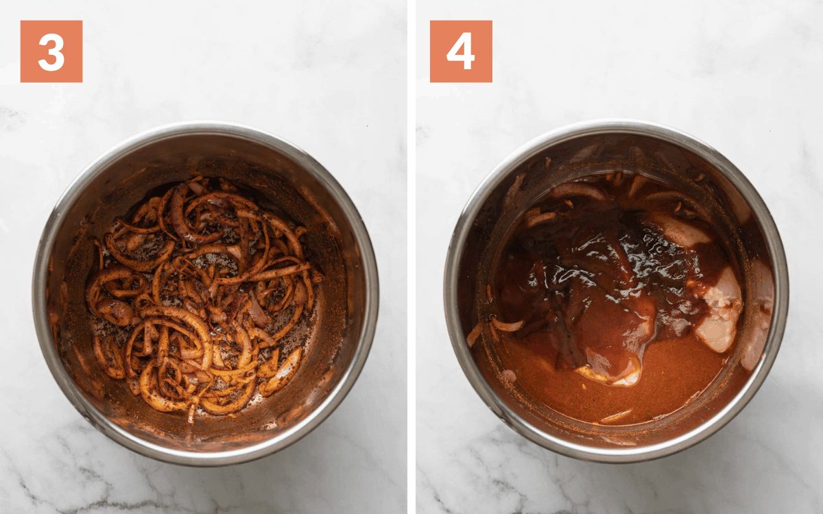 A two image collage showing steps 3 and 4 for instant pot bbq chicken.