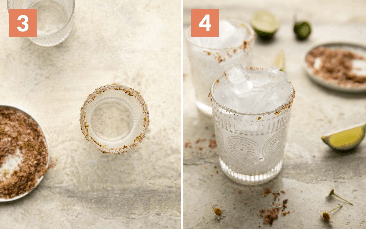A 2 photo collage showing the assembly of skinny spicy margaritas.