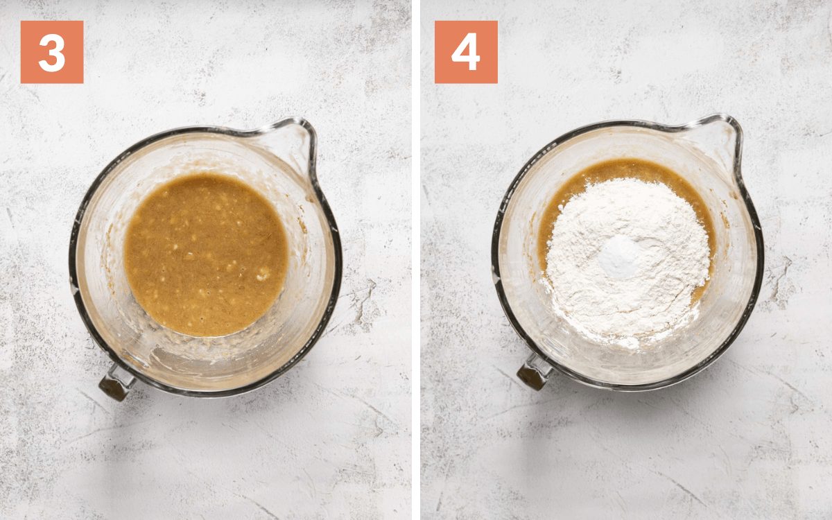 steps 3 & 4 oil, banana, sugar mixed in a bowl flour and baking soda on top of wet ingredients in a bowl