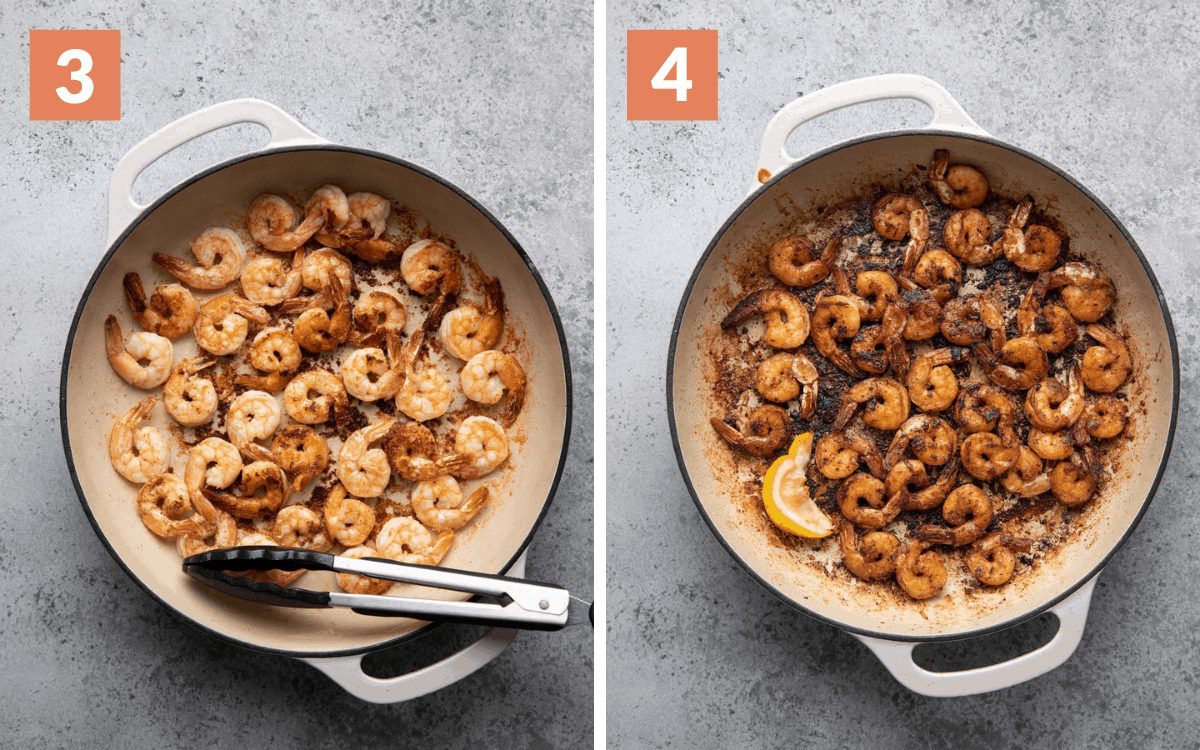 steps 3 & 4 shrimp in skillet halfway through cooking finished shirmp in skillet