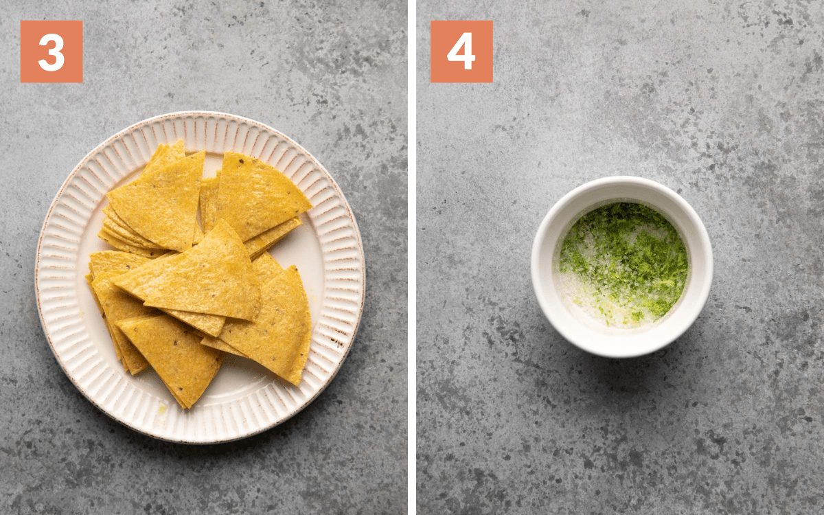 steps 3 & 4 tortillas cut into sixths lime salt in small bowl