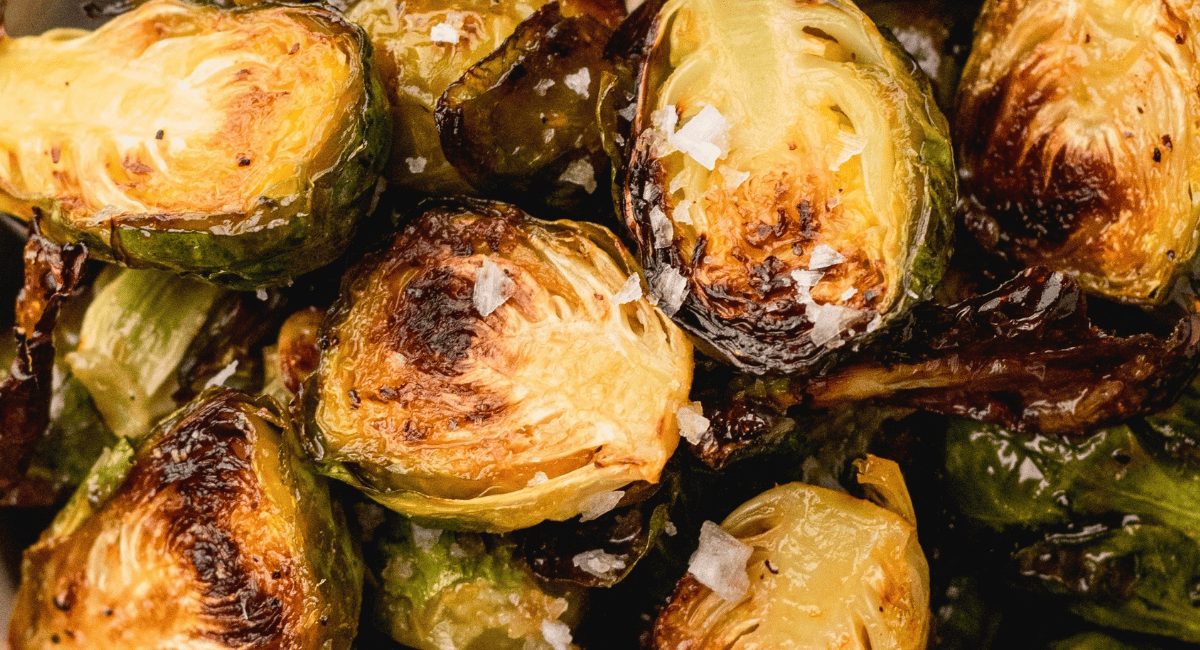 Overhead image of honey sriracha brussels sprouts.