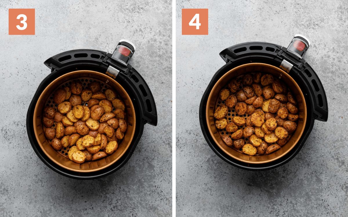 steps 3 & 4 potatoes in air fryer basket halfway through cooking air fryer breakfast potatoes in air fryer cooked all the way