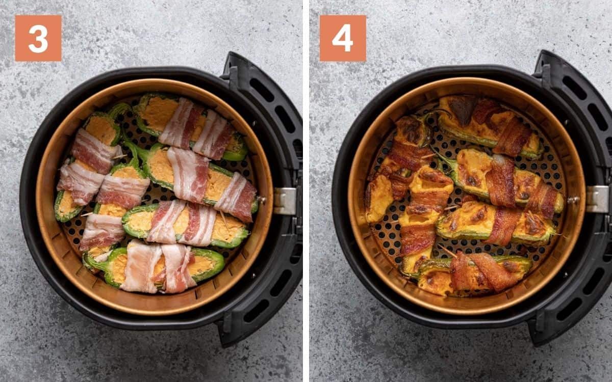 A two photo photo collage showing the final assembly of air fryer bacon wrapped jalapeno poppers.