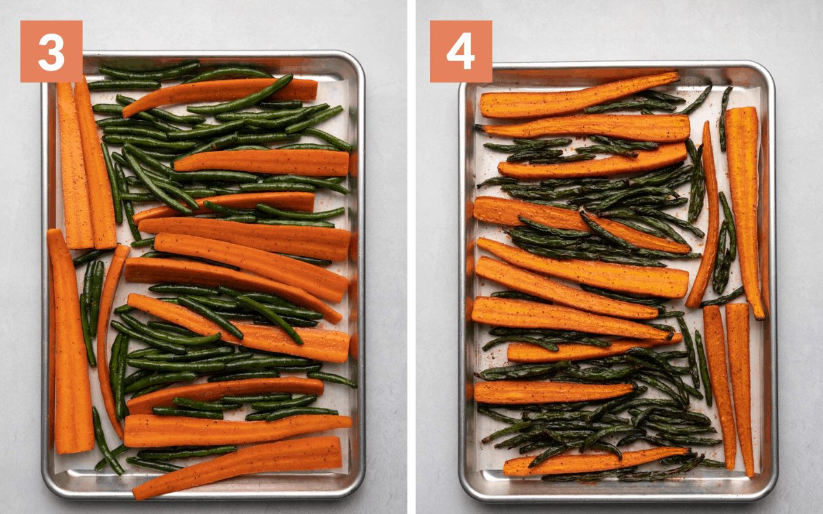 steps 3 & 4 overhead of vegetables on pan before oven overhead of vegetables on pan after oven