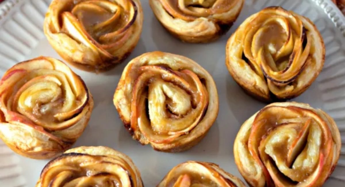 Overhead image of apple rose tart puff pastry.