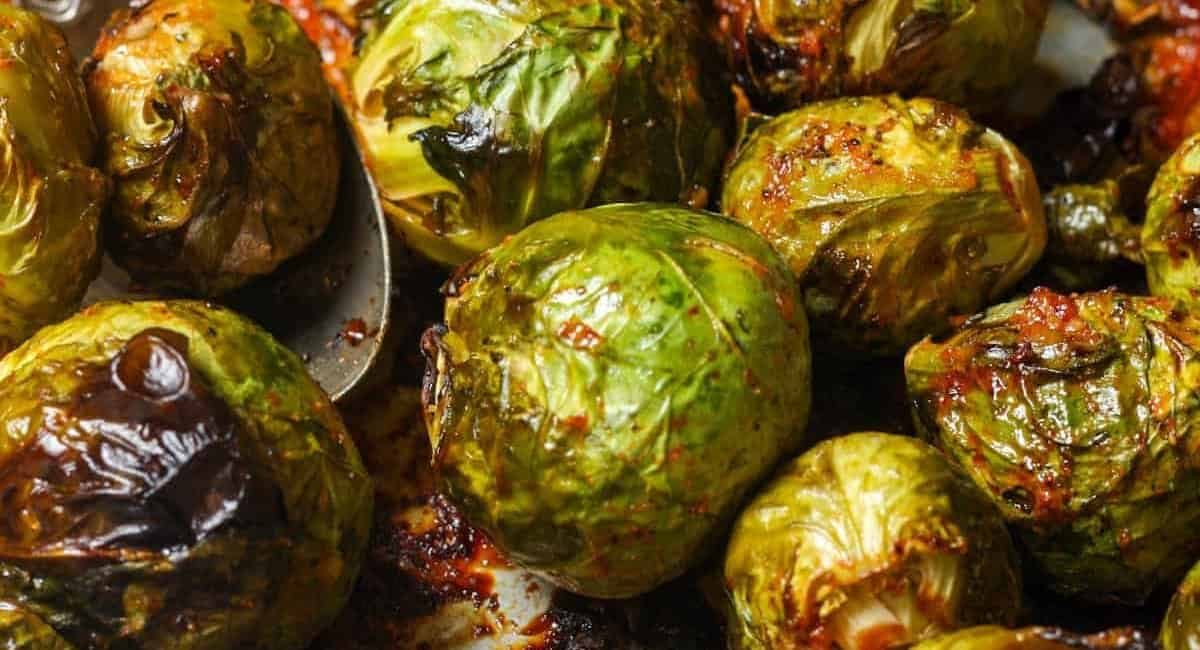 Overhead image of Asian brussels sprouts.