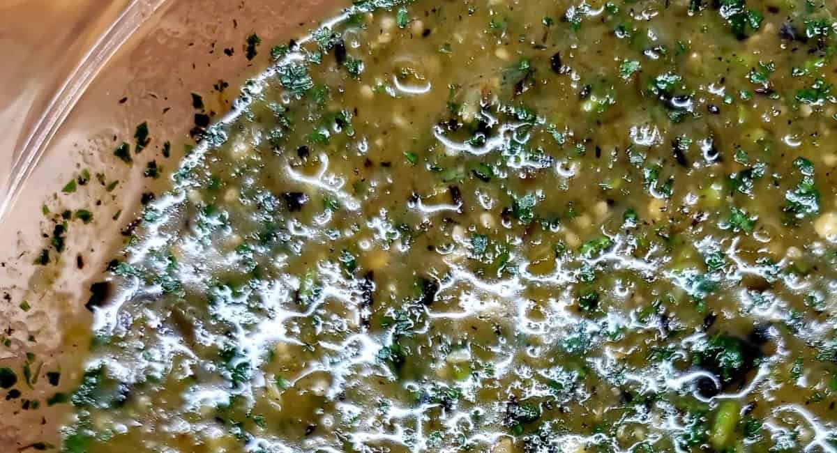 Up close image of grilled salsa verde.