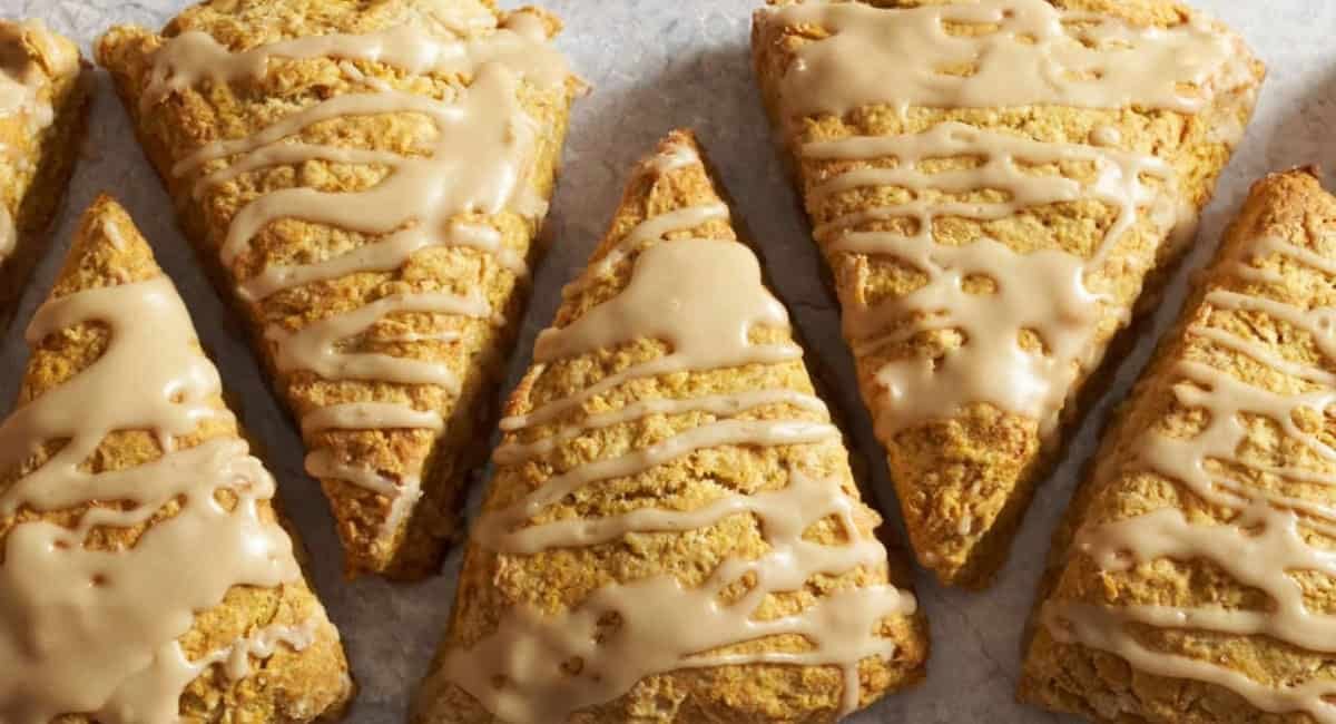 Up close overhead image of pumpkin scones without cream.