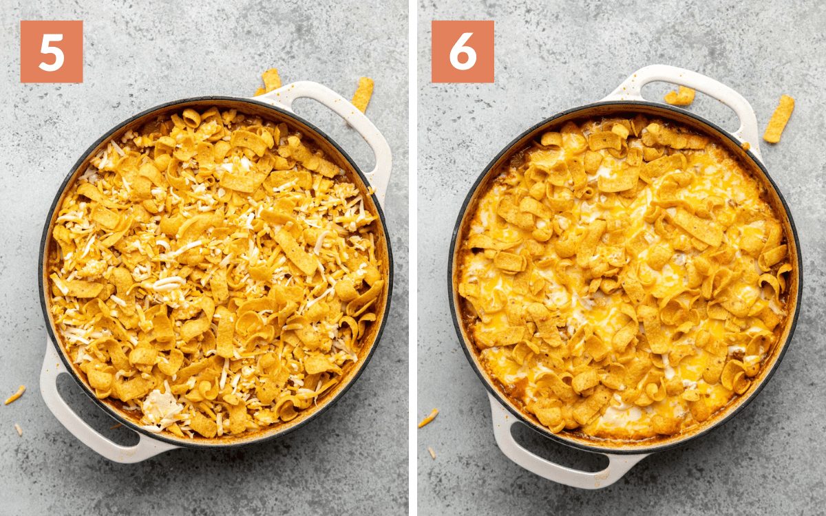 steps 5 & 6 casserole with Fritos and cheese on top baked finished casserole