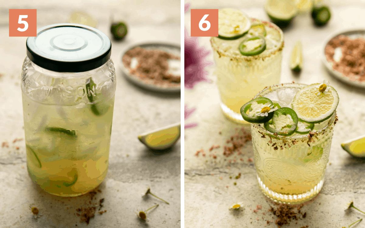 A 2 photo collage showing the assembly of skinny spicy margaritas.