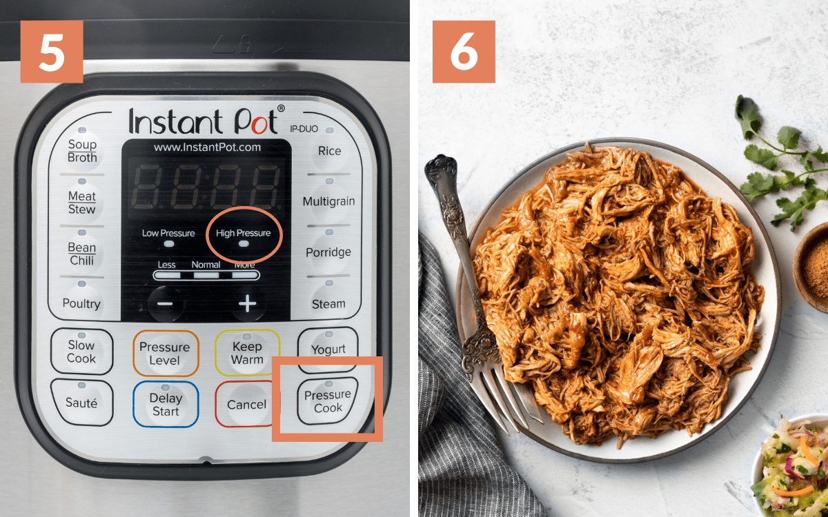 A two image collage showing steps 5 and 6 for instant pot bbq chicken.