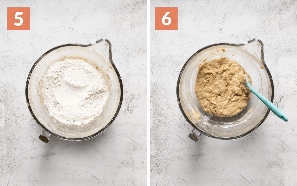 steps 5 & 6 dry ingredient mixed lightly on top of wet in a bowl dry ingredients folded into wet in a bowl