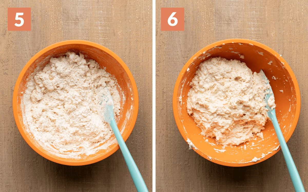 steps 5 & 6 half of wet ingredient mixed into dry all of wet ingredients mixed into dry