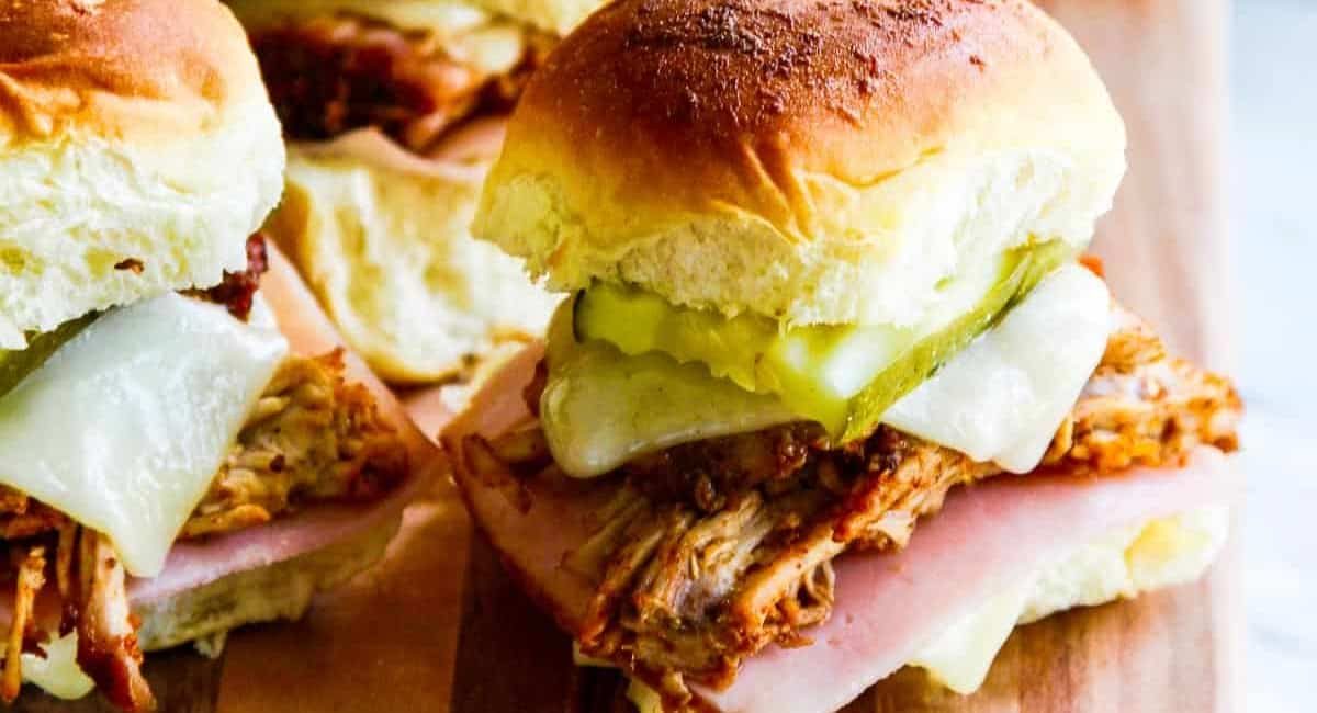 Up close image of cuban pulled pork sliders.