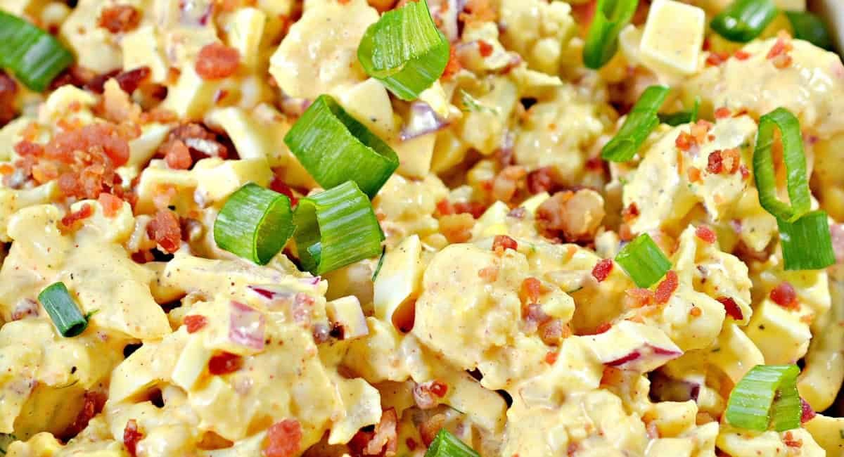 Overhead image of deviled egg cauliflower salad recipe.