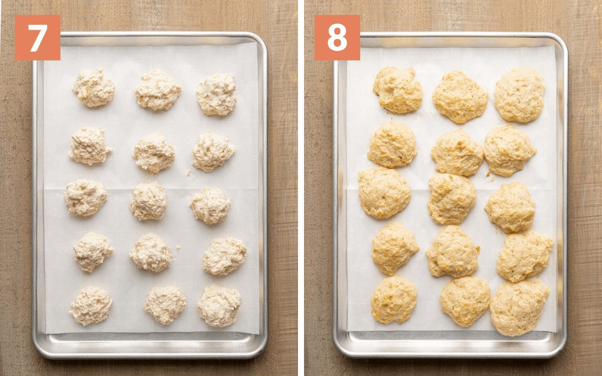 steps 7 & 8 raw biscuits on sheet pan cooked biscuits on sheet pan