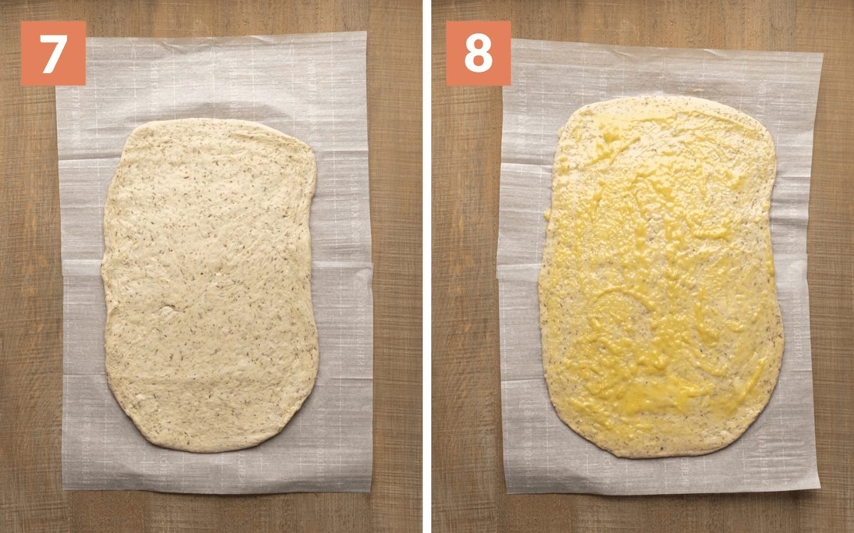 steps 7 & 8 dough rolled into rectangle rectangle brushed with butter