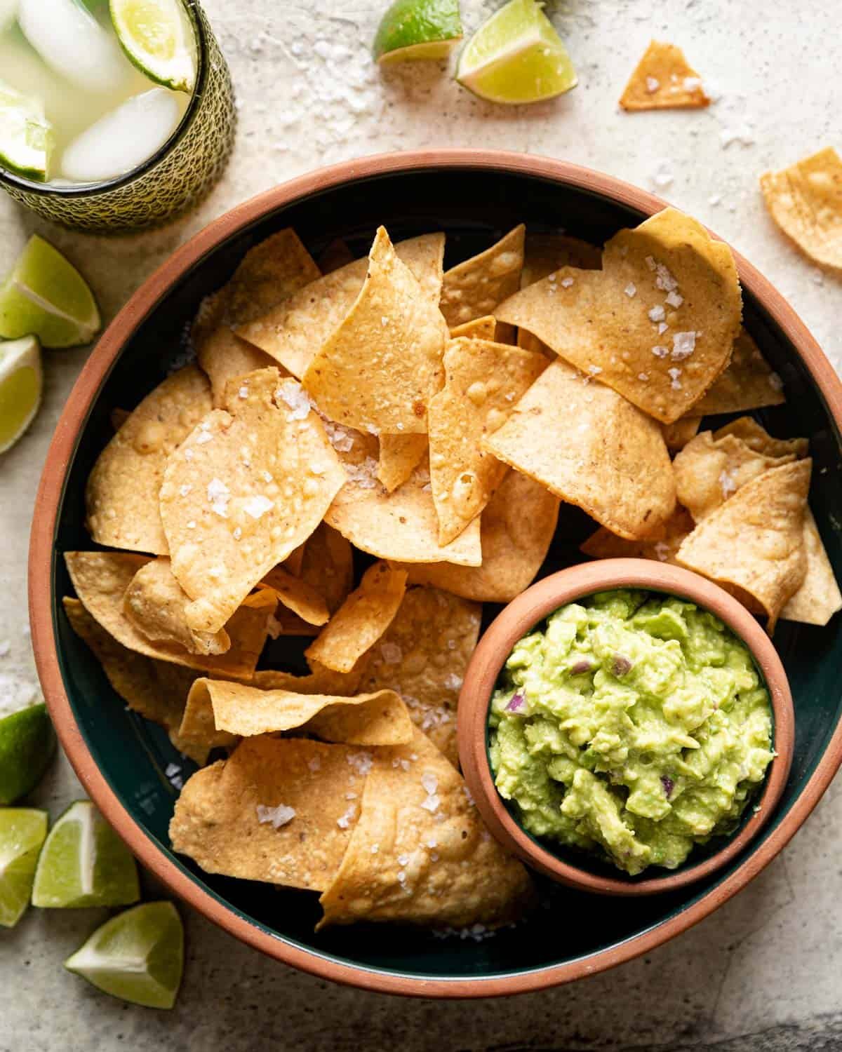 overhead shot 4 ingredient guacamole with tortilla chips