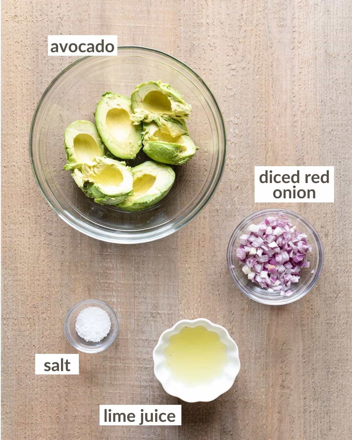 overhead of ingredients for 4 ingredient guacamole