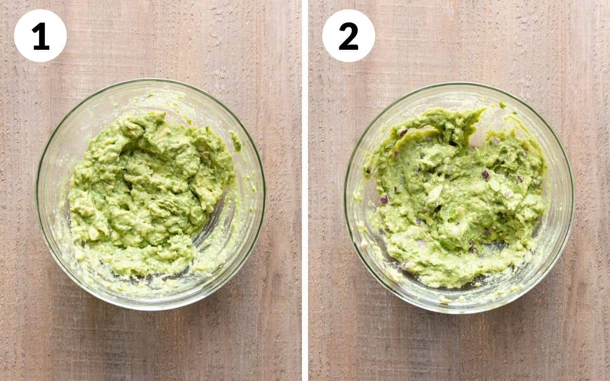 steps 1 & 2 avocados mashed for 4 ingredient guacamole onions folded into the guacamole
