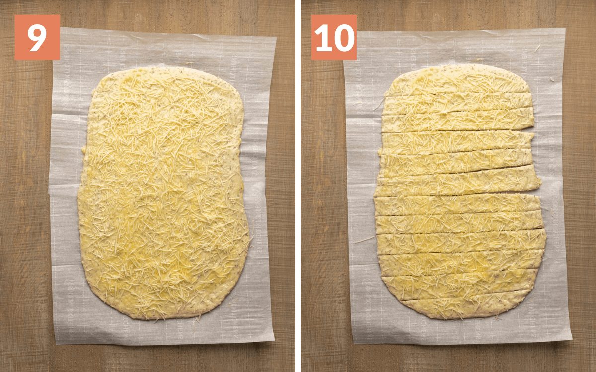 steps 9 & 10 dough with cheese sprinkled on it dough cut into 12 strips