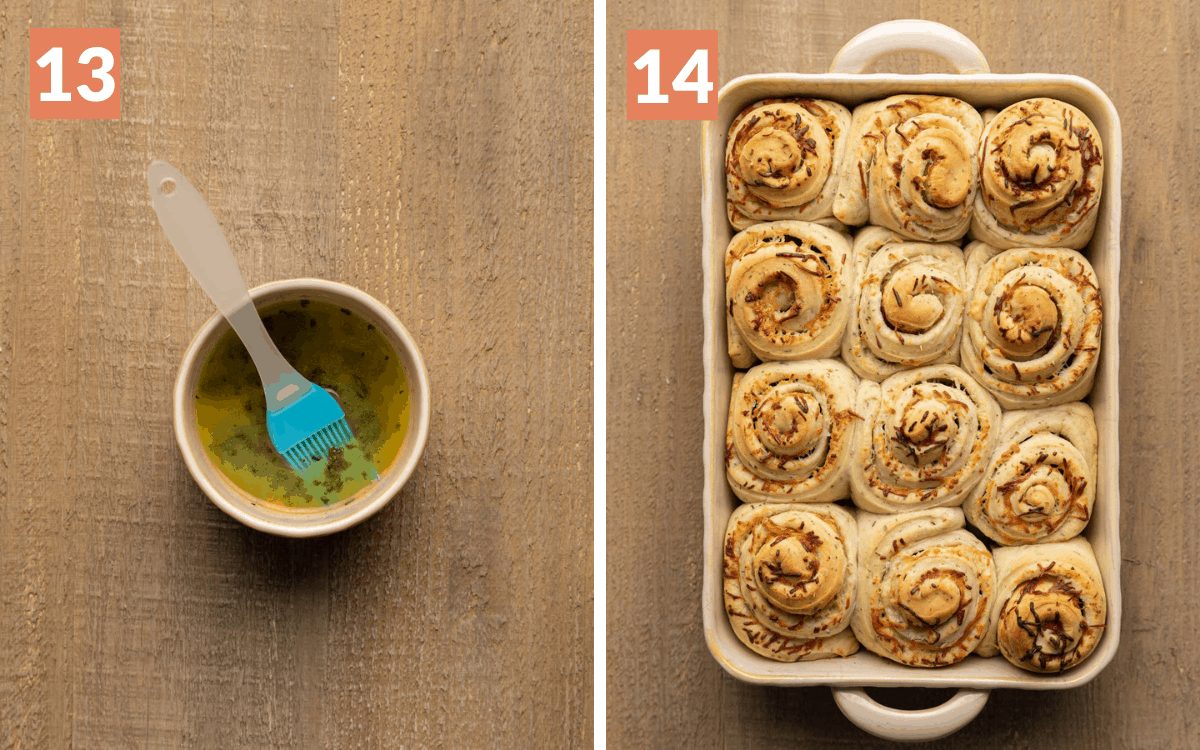 steps 13 & 14 garlic butter in bowl finished rolls in casserole dish
