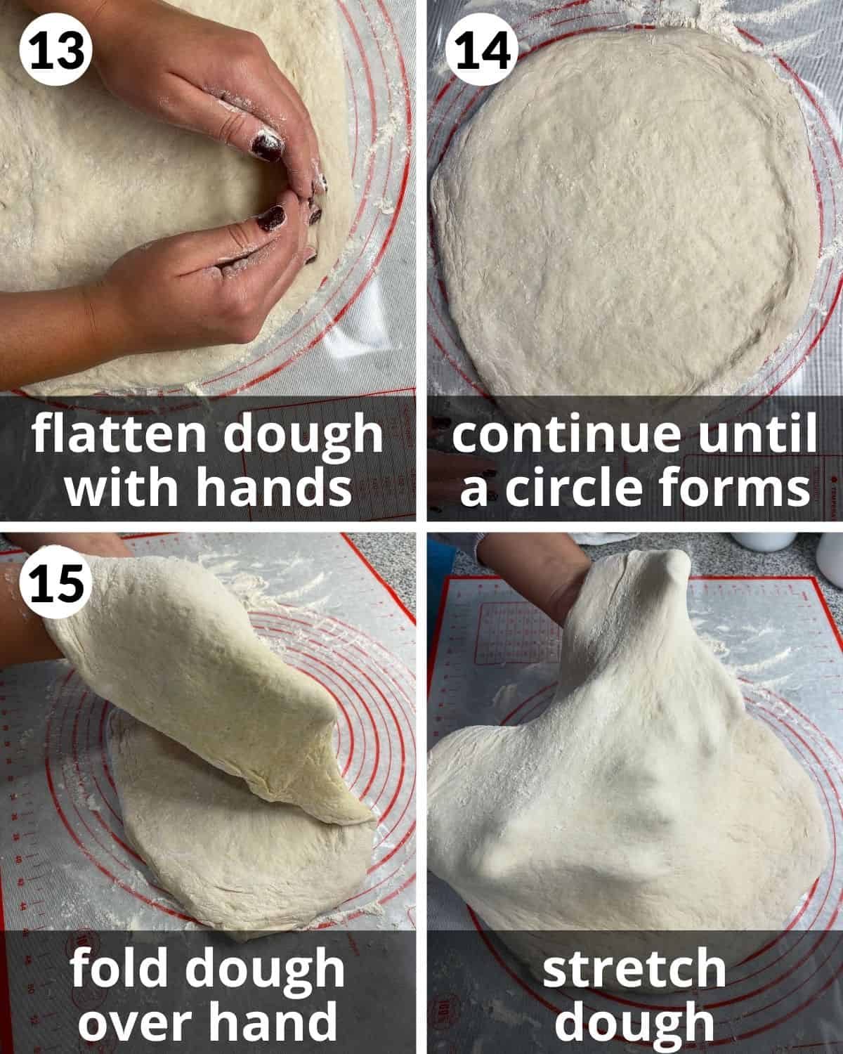 4 photos. Dough being pressed with sides of hands. Dough in circle. Dough folded over hand. Dough being stretched.