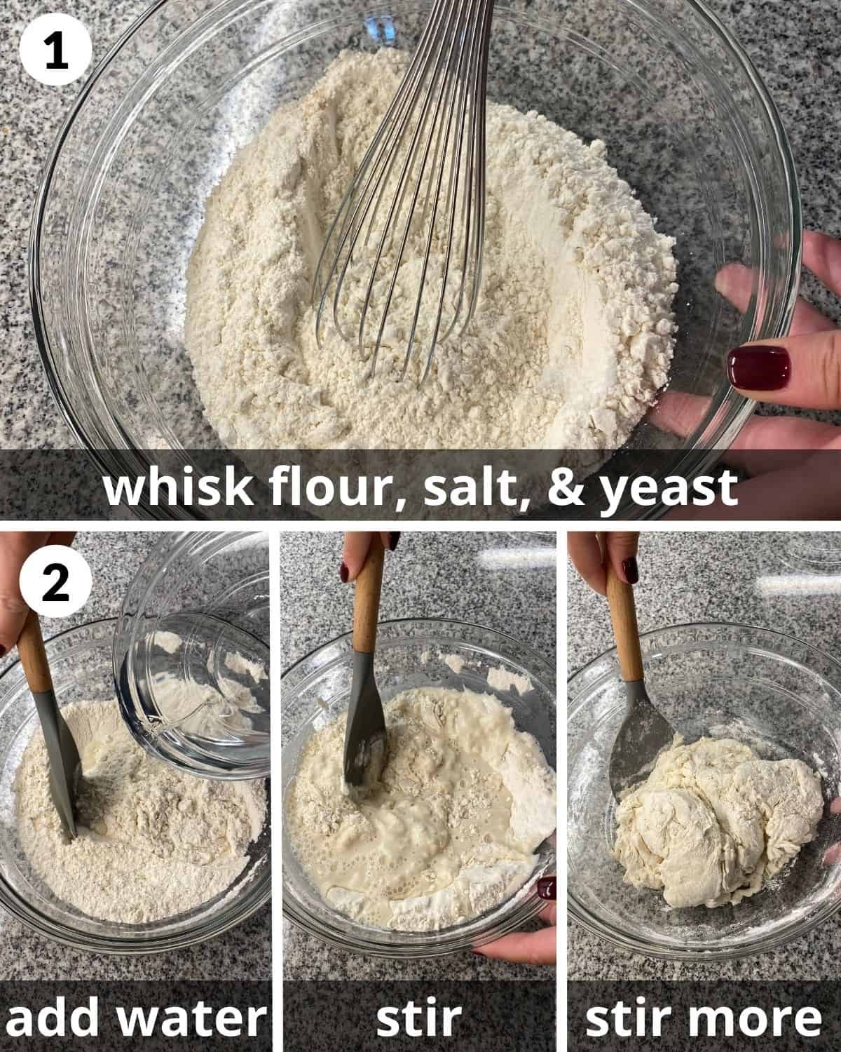 4 photos. Dry ingredients whisked. Water being added and stirred.